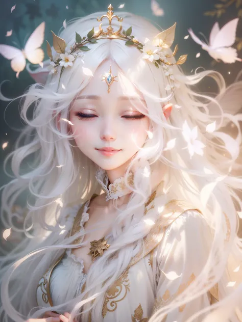 Beautiful Faerie、Long white hair、Close ~ eyes、smile、Shining Light