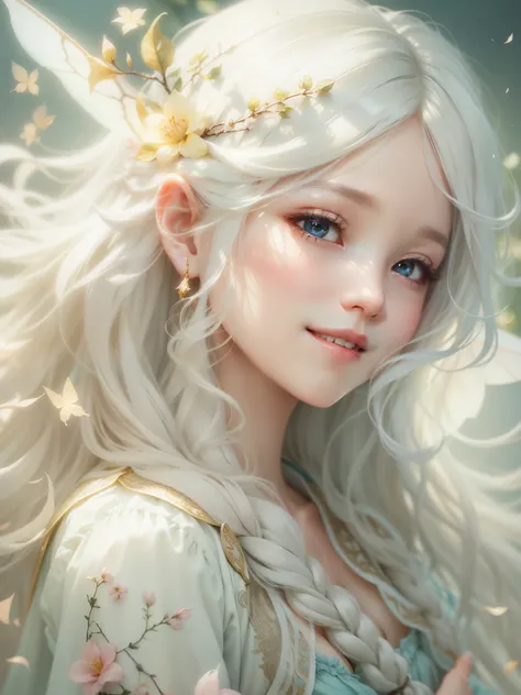 Beautiful Faerie、Long white hair、Close ~ eyes、smile、Shining Light