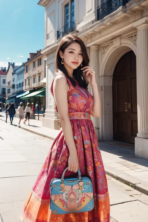 A beautiful woman who enjoys traveling wearing a colorful and elegant dress, Random Actions,