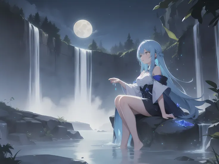 in a magical crystal world , a woman is sitting near a waterfall on a full moon night , sparkling and glittering glowing particl...