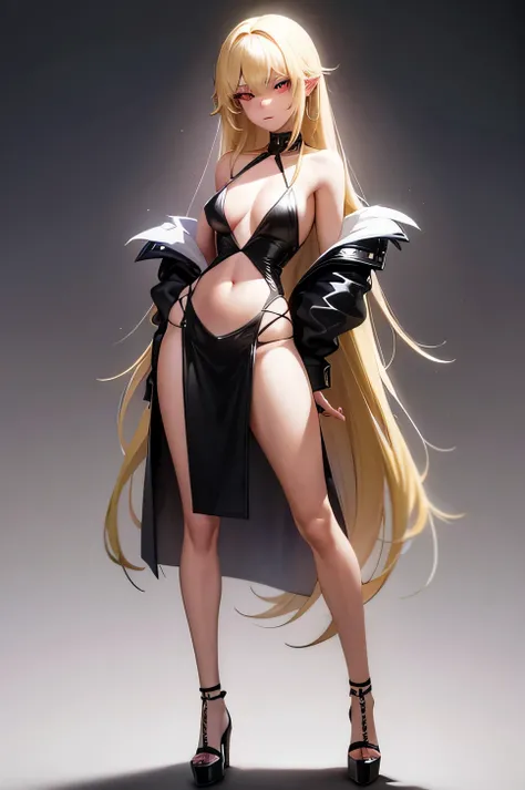 Blonde long hair，Wearing a black open-chested, backless, slit miniskirt１６Girl around 20 years old wearing black and high heels，Slender，With his hands crossed in front of his chest, he was chanting some spell.，Her eyebrows are as beautiful as a crescent moo...