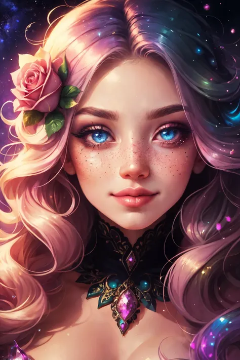 (This is a beautiful rainbow fantasy image that feels interesting and emphasizes glitter and iridescence.) Generate a ((blind)) curvy woman with colorful curly hair and milky eyes. Her face is important and is perfectly formed with puffy lips and perfect f...