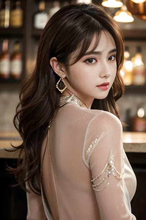 masterpiece, highest quality, Realistic, Very detailed, Finer details, High resolution, 8k wallpaper, One beautiful woman, Wear a black see-through shirt, Great bar counter, At night, Light brown messy hair, Perfect dynamic composition, Beautiful and beaut...