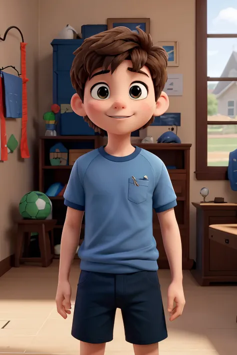 a boy playing soccer, detailed depiction, extremely detailed, 1 boy, blue shirt, brown straight hair, smiling, with soccer bol, cinematic lighting, high quality, high resolution, detailed background dark blue, photorealistic, 8k, masterpiece, ultra-detaile...