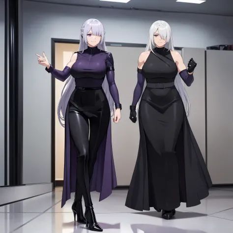 A woman wearing a black dress, walking in a chic room, white wall, gray marble floor, long silver hair, purple eyes, smiling, muscular, black heels, blurred background, bokeh effect, stereogram, tachi- e, atmospheric point of view, high detail, luminism, h...