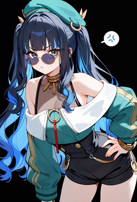 1girl, long hair, (twintails), hand on hip, multicolored hair, black hair, sidelocks, blue hair, wavy hair, eyeliner, jewelry, beret, o-ring, neck ring, black shorts, buttons, round sunglasses, bracelet, bare shoulders, green jacket,  off shoulder, zipper,...