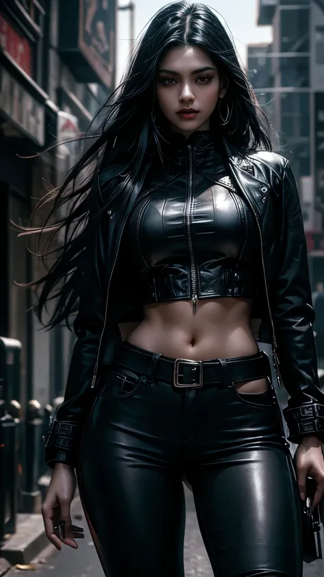 beautiful 25 year old indian female vampire mercenary with long black hair, pale skin, (wearing a blue leather jacket and tight ...