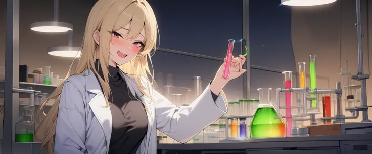 1girl, solo, long hair, blonde hair, wink, looking to camera, best quality, masterpiece, best quality, lab, night, lab coat, bla...