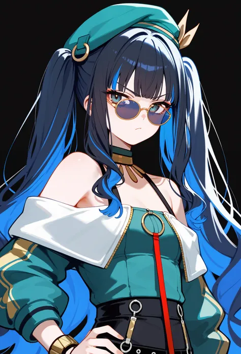 1girl, long hair, (twintails), hand on hip, 5 fingers, multicolored hair, black hair, sidelocks, blue hair, wavy hair, eyeliner, jewelry, beret, o-ring, neck ring, black shorts, buttons, round sunglasses, bracelet, bare shoulders, green jacket,  off should...