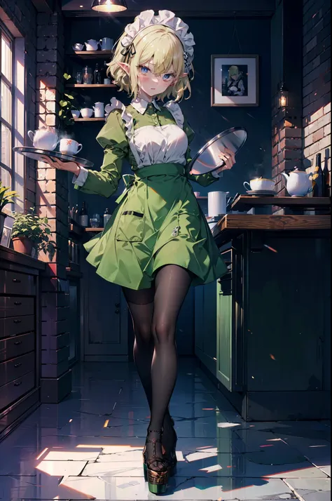 Ryurion, Ryu Lion, Blonde Hair, blue eyes, Fairy, Hair between the eyes, Pointed Ears, short hair, (Small breasts:1.2),
Break apron, black pantyhose, dress, green dress, Long sleeve, Maid, Maid apron, Maid headdress, pantyhose, White apron,tray, tray in on...