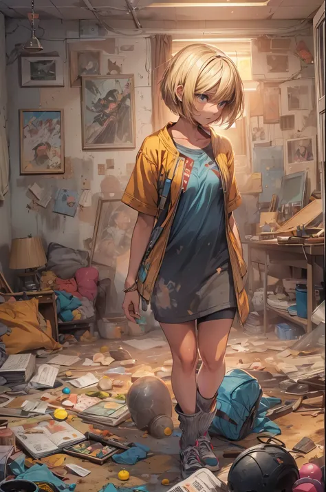 ((20-year-old woman,Blonde short bob hair,she’s walking through an empty room)),Huge kids room,nobody’s room,A room with children’s graffiti,Messy room,Dim electricity,Dimly lit room,There are many long and thin monsters,Uneasy atmosphere