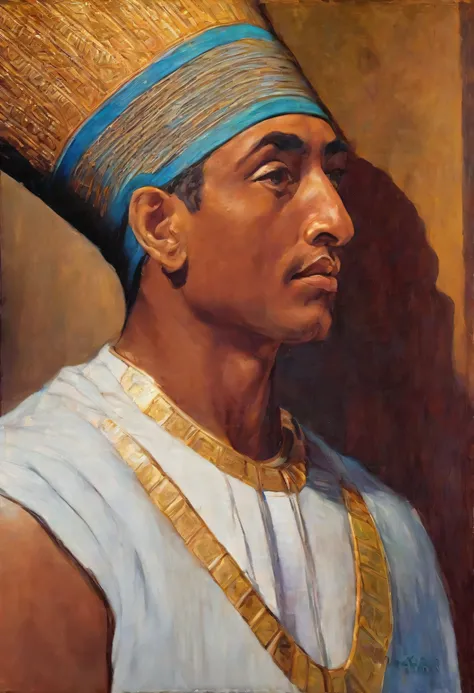 oil painting of a pharaoh, retrato, with typical rich clothes red-golden-yellow, Arte bonita, detalhado, Arte impressionante, bela obra de arte, Arte impressionantework, cores vividas, van gogh, renoir, leonardo da vinci, chirico, luz suave, obra prima, al...