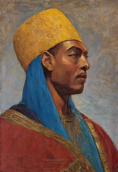 oil painting of a pharaoh, retrato, with typical rich clothes red-golden-yellow, Arte bonita, detalhado, Arte impressionante, bela obra de arte, Arte impressionantework, cores vividas, van gogh, renoir, leonardo da vinci, chirico, luz suave, obra prima, al...