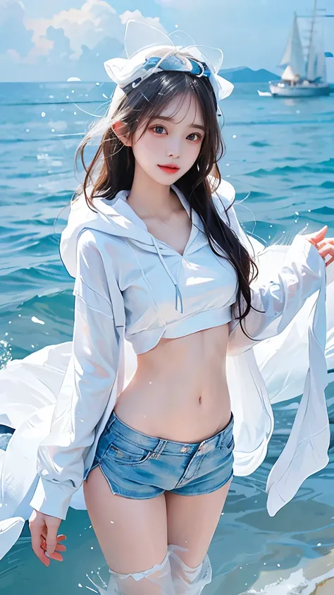 In the clear blue sea、Wearing a white hoodie fluttering in the wind、A woman wearing shorts、standing on the waves。Her hair is long、Shine white、Swaying in the waves。belly button。