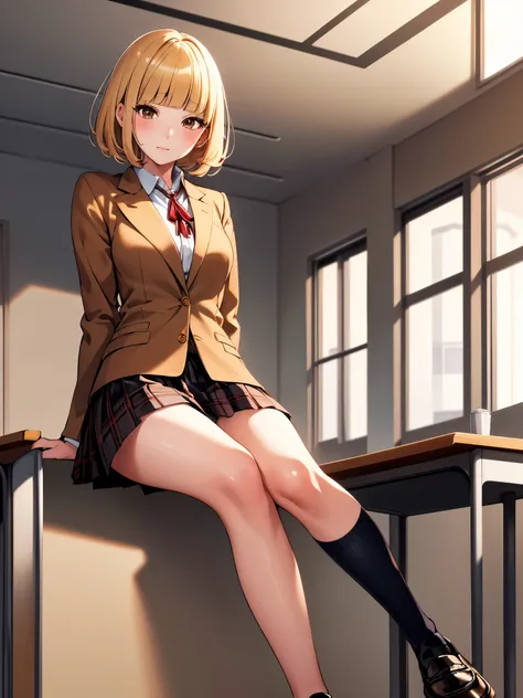 (masterpiece,highest quality, detailed), one girl, alone, classroom, indoor,mouth closed,
midorikawa hana, brown jacket, neck ri...