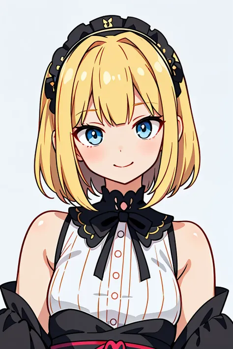 from right in front of face and body　smile　simple background　upper body shot, 　blonde　bob　fair skin　gothic lolita clothing　anime...