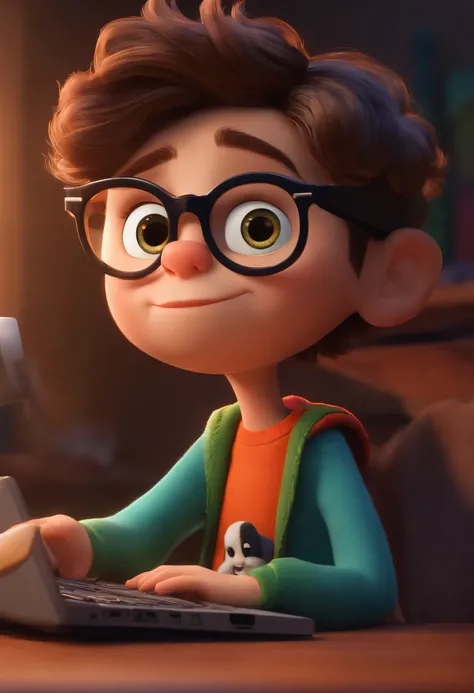 Menino estilo desenho animado, Pixar, cabelo muito curto, Glasses making design on the computer