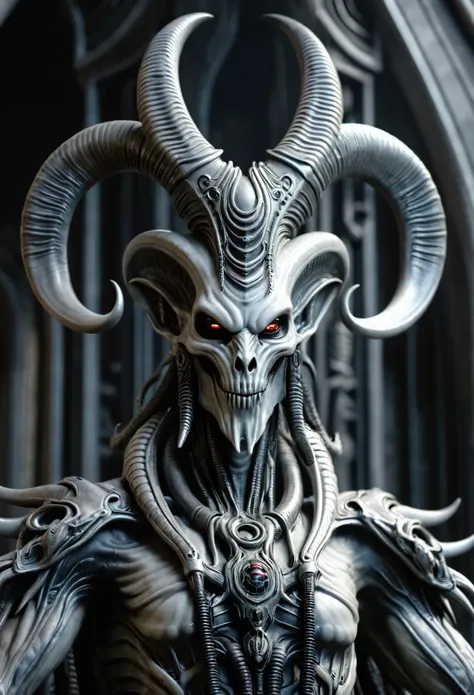 a baphomet, solo, upper body, looking at viewer, photorealistic, 8k, unreal engine, inspired by hr giger, half body portrait, hi...