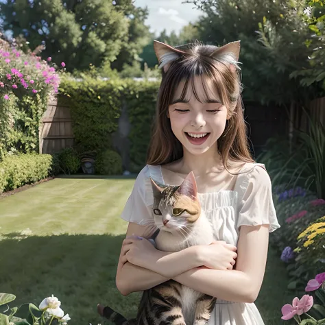 TOP quality,8K, masterpiece, (realistic:1.2), (1girl, cat:1.2), (laugh:1.3), (garden),