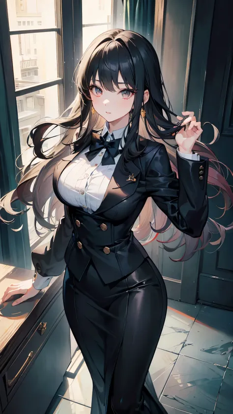 ((masterpiece, best quality)), Detailed face，High School Suit Jacket、long skirt、JK style，Full body painting，Perfect body proportions，Large Breasts，Long legs，((Long wavy hair)), ((Half of her hair is white，The other half is black，Divided into two colors))，b...