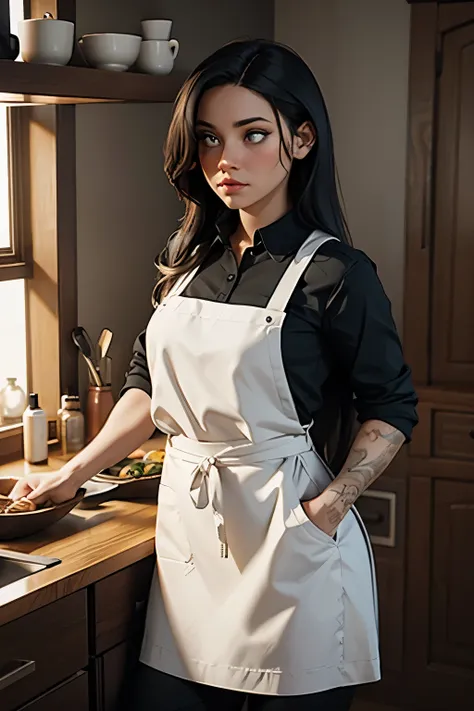 uma mulher com tatuagem, (([vermelho|preto] cabelo)), long cabelo, wearing a preto apron,  cooking, olhe para o visualizador, co...