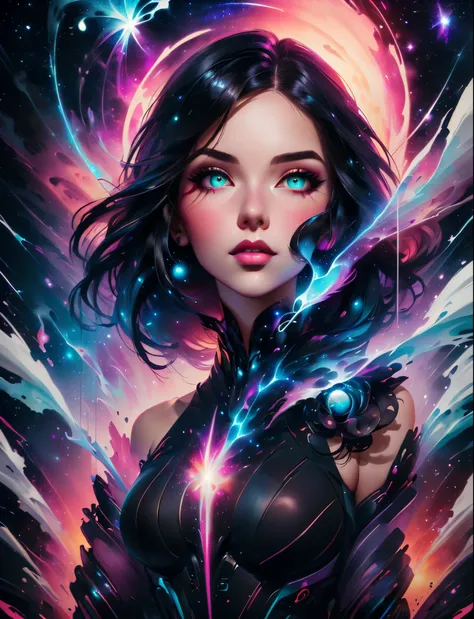 a woman with a black hair and a black top is standing in front of a galaxy, beeple and jeremiah ketner, artgerm julie bell beepl...