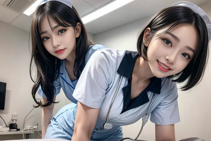 (3 Ultimate Beauty Nurse)、{{{masterpiece}}}， {Oh oh oh, Oh, really：1.2}， best quality， Official Art， Highly detailed CG Unity 8k wallpaper， Very rich facial details、Delicate lips、Delicate eyes、Double eyelids、((Black Bob Hair))、(Nurse:1.3)、(Attractive figur...