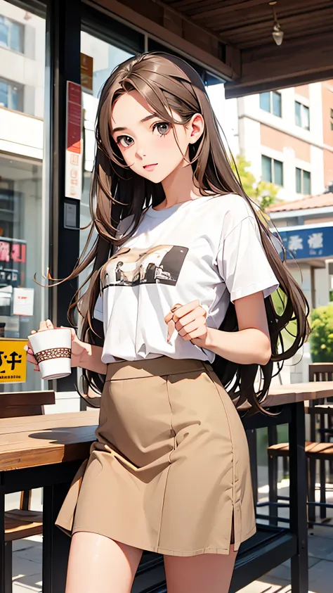 highest quality、Realistic、female、student、zoom、cute、Gray Eyes、Light Brown Hair、long hair、T-Shirts、mini skirt、Cafe、Have tea