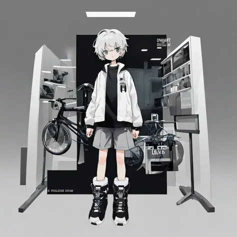 full bodyWhite short hair、Grey Eyeonotone clothing、large jacket、One boy、Monotone clothing、Stand facing forward、Shorts、boots