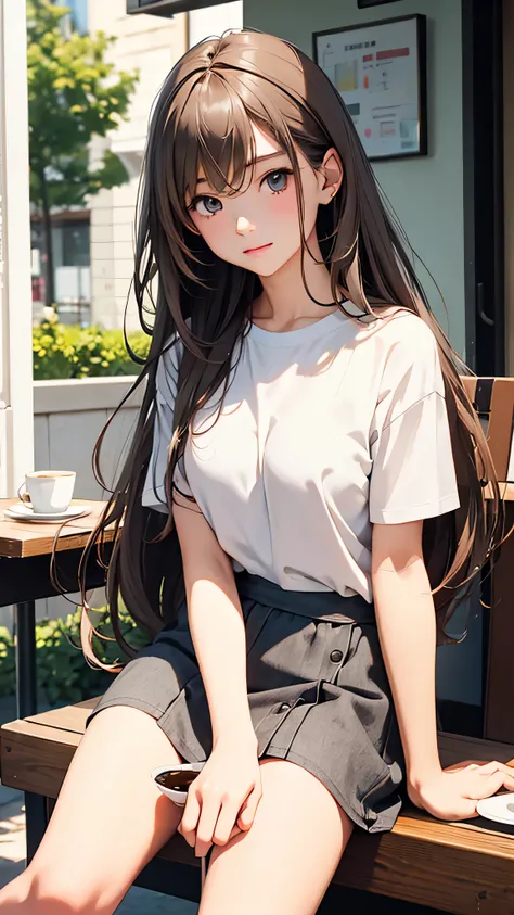 highest quality、Realistic、female、student、zoom、cute、Gray Eyes、Light Brown Hair、long hair、T-Shirts、mini skirt、Cafe、Have tea