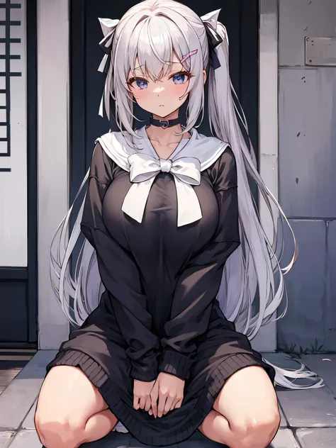 masterpiece, highest quality, High Resolution, Kaede Higuchi, One Girl, Virtual YouTuber, solo, Hair length, 右eyeの下のほくろ, 紫色のeye, ponytail, hair ornaments, White ribbon, Hair Ribbon, bow, Very long hair, Barrette, Gray Hair, Bans、be patient，sweater fuller，c...