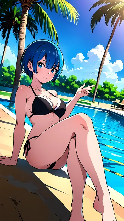 (best quality,highres,masterpiece:1.2),anime,ultra-detailed,enjoying,relaxing,vibrant colors,swimming pool,beautiful,attractive girl,sitting,lounging,black bikini,sunny day,clear water,with palm trees in the background,summer vibes,refreshing,sparkling wat...