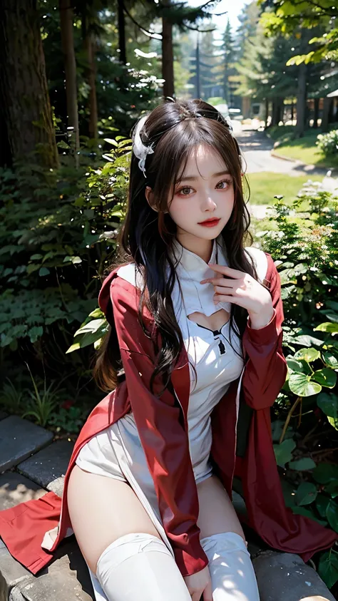 Has long white hair and red eyes、Please draw a super beautiful girl wearing a black hair accessory.。She stood in the woods、The sunlight filtering through the trees softly illuminates her figure.。She&#39;s wearing a hoodie、The elegant and mysterious atmosph...