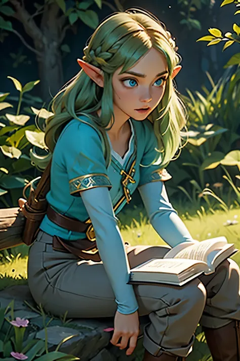 princess zelda, 1 garota, artist request, cinto, cabelo loiro, blue camisa, livro, botas, inexpressivo, corpo todo, olhos verdes, high resolution, olhando para o espectador, Magia, nintendo, pants, Orelhas pontudas, camisa, cabelo curto, fundo simples, Soz...