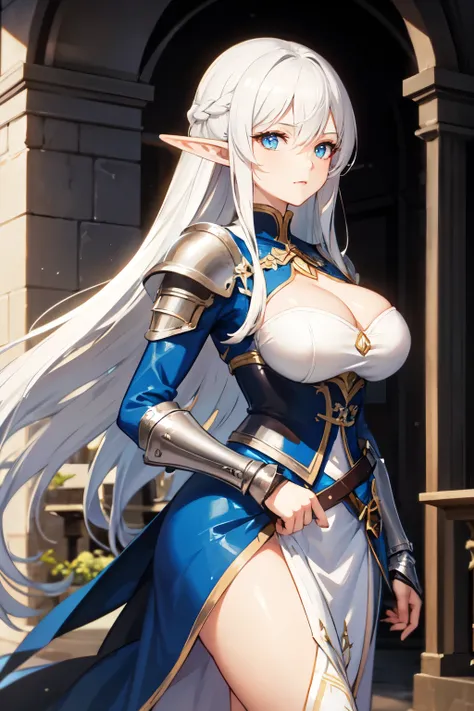 beautiful woman, long white hair, tied up, blue eyes, elf, blue knight outfit, silver armor, large bust, inside a castle, powerful, high quality