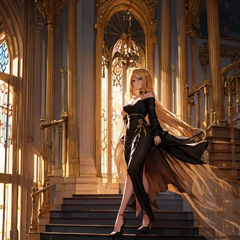 A woman wearing a black dress, with gold details on the dress, walking on the second floor of a white platform, with a staircase nearby going to the first floor, long blonde hair, black heels, blue eyes, luxurious glass window in the background, lighting p...