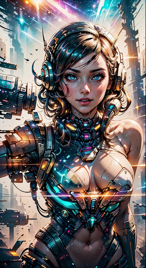 Astronaut style white and gold trim bikini (breast) and clear helmet, with a group of soldiers behind her, beautiful sci-fi art, beautiful smile, waiting for a kiss, turning and looking at the camera, space warrior, sunrise over solar punk city, stoner roc...