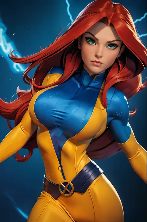 (jean grey), xmen 97, a beautiful woman with long red hair, detailed face, piercing green eyes, wearing a blue and yellow costum...