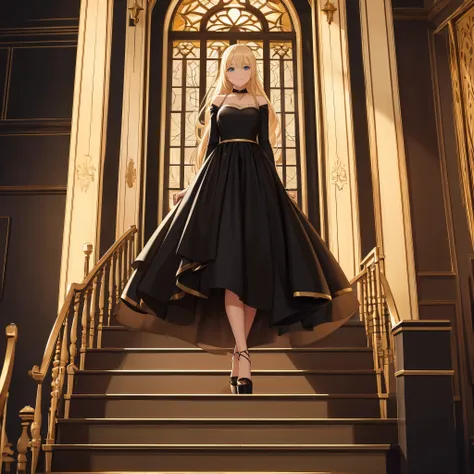 A woman wearing a black dress, with gold details on the dress, walking on the second floor of a white platform, with a staircase nearby going to the first floor, long blonde hair, black heels, blue eyes, luxurious glass window in the background, lighting p...