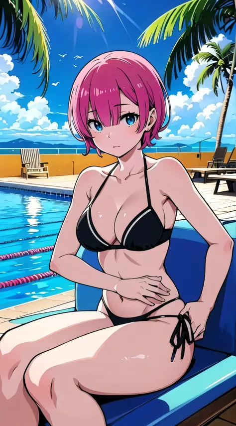 (best quality,highres,masterpiece:1.2),anime,ultra-detailed,enjoying,relaxing,vibrant colors,swimming pool,beautiful,attractive girl,sitting,lounging,black bikini,sunny day,clear water,with palm trees in the background,summer vibes,refreshing,sparkling wat...