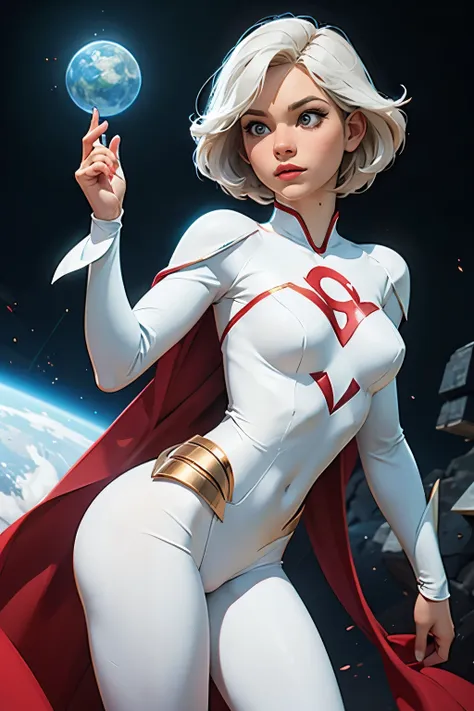 Powergirl, 1 garota, artist request, cinto, cabelo loiro curto, white with possible cover sleeves, luvas, botas, no characteristic features, corpo inteiro, olhos azuis, high resolution, olhando para o espectador, Krypton, DC Comics, cabelo curto, fundo sim...