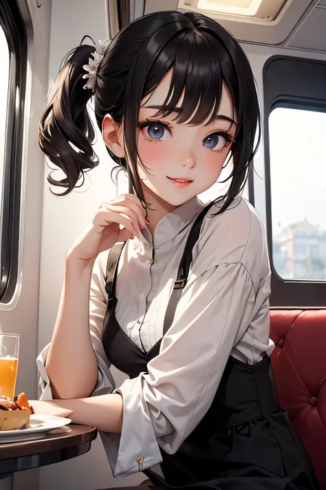 highest quality、High resolution、Detailed Background、(Beautiful face in every detail:1.4)、Teenage beauty、Highly detailed face、Cute hair colour、ponytail、Bobcut、Cute hairstyle、well-groomed eyebrows、Cute gestures、Inside the sleeper train、Train Travel、Innocent ...