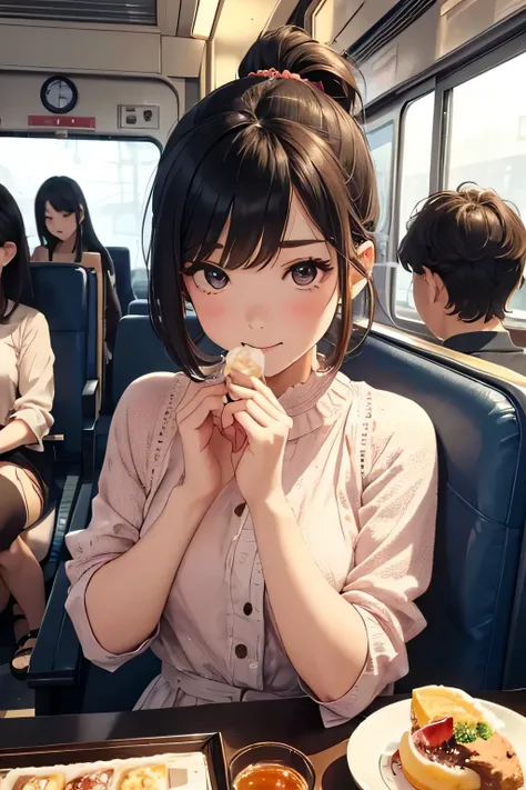 highest quality、High resolution、Detailed Background、(Beautiful face in every detail:1.4)、Teenage beauty、Highly detailed face、Cute hair colour、ponytail、Bobcut、Cute hairstyle、well-groomed eyebrows、Cute gestures、Inside the sleeper train、Train Travel、Innocent ...