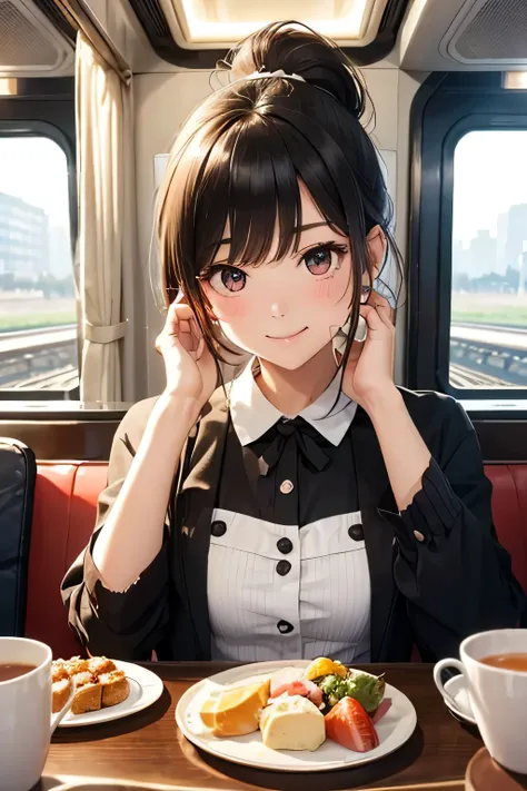 highest quality、High resolution、Detailed Background、(Beautiful face in every detail:1.4)、Teenage beauty、Highly detailed face、Cute hair colour、ponytail、Bobcut、Cute hairstyle、well-groomed eyebrows、Cute gestures、Inside the sleeper train、Train Travel、Innocent ...