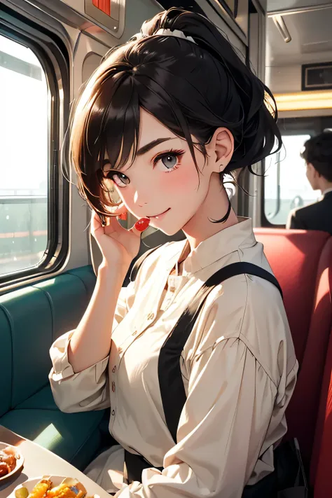 highest quality、High resolution、Detailed Background、(Beautiful face in every detail:1.4)、Teenage beauty、Highly detailed face、Cute hair colour、ponytail、Bobcut、Cute hairstyle、well-groomed eyebrows、Cute gestures、Inside the sleeper train、Train Travel、Innocent ...