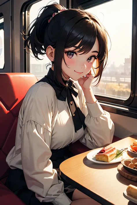 highest quality、High resolution、Detailed Background、(Beautiful face in every detail:1.4)、Teenage beauty、Highly detailed face、Cute hair colour、ponytail、Bobcut、Cute hairstyle、well-groomed eyebrows、Cute gestures、Inside the sleeper train、Train Travel、Innocent ...