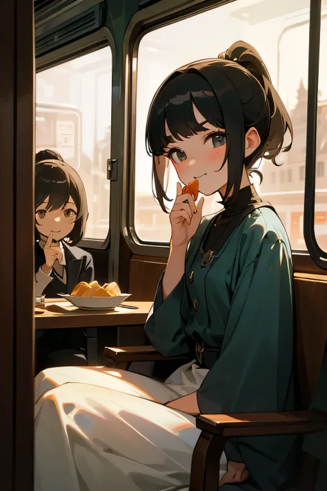 highest quality、High resolution、Detailed Background、(Beautiful face in every detail:1.4)、Teenage beauty、Highly detailed face、Cute hair colour、ponytail、Bobcut、Cute hairstyle、well-groomed eyebrows、Cute gestures、Inside the sleeper train、Train Travel、Innocent ...