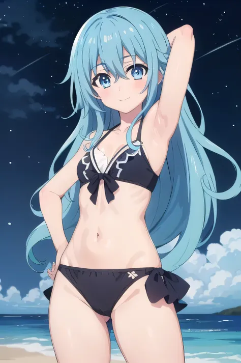 1girl, solo, best quality,  masterpiece, yoshino himekawa, looking at viewer, anime coloring, (cowboy shot:1.5), solo, night sky, beach, arm behind head, hand on hip, contrapposto, spread armpits, looking at viewer, best quality, closed mouth, shy smile,