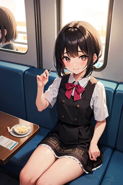 highest quality、High resolution、Detailed Background、(Beautiful face in every detail:1.4)、Teenage beauty、Highly detailed face、Cute hair colour、ponytail、Bobcut、Cute hairstyle、well-groomed eyebrows、Cute gestures、Inside the sleeper train、Train Travel、Innocent ...