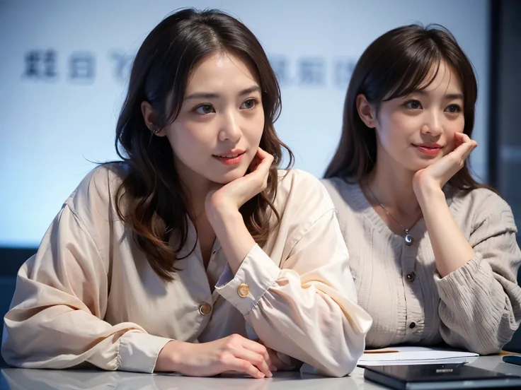 Two Japanese business people are talking while looking at each other, Realistic, Realistic, Realistic body shape, Very detailed, highest quality, 8k, Sharp focus, High resolution, Ideal ratio, Anatomically perfect, detailed face